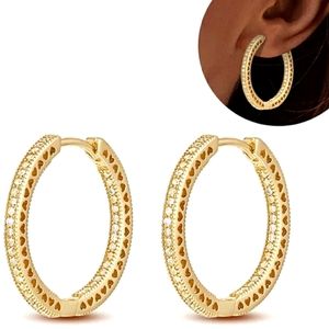 .925 Sterling: 14k gold plated pave hoops with heart pattern
